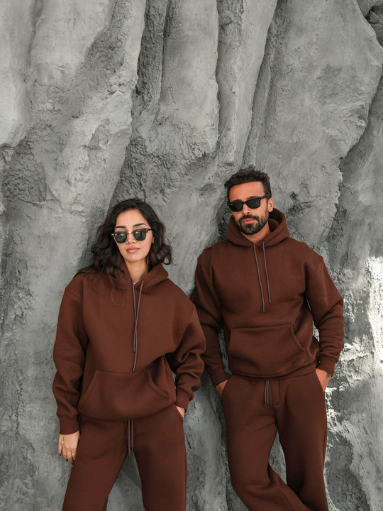 Eşofman TakımıKahve 3 İplik Kapüşonlu Sweat Baggy Oversize Compak Alt Üst Takım SC