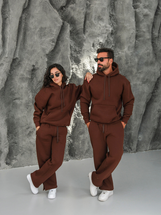 Eşofman TakımıKahve 3 İplik Kapüşonlu Sweat Baggy Oversize Compak Alt Üst Takım SC
