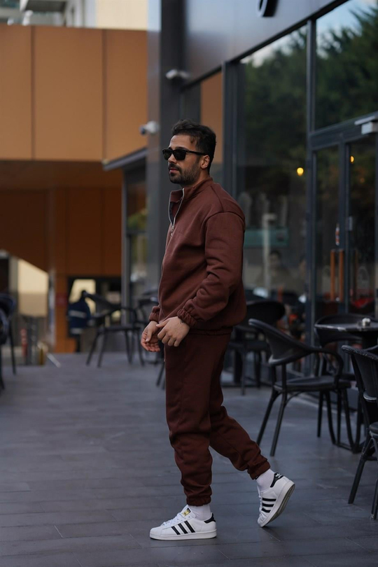 EŞOFMAN TAKIMIKahve 3 İplik Yarım Fermuarlı Şardonlu Alt Üst Eşofman Takımı