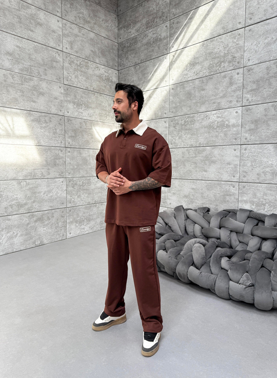 EŞOFMAN TAKIMIKahve Freestyle Nakışlı Kısakollu Polo 2 İplik Compak Alt Üst Takım PNC