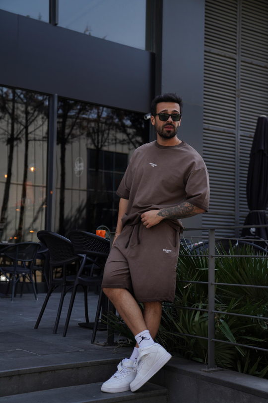 EŞOFMAN TAKIMIKrem Yıkamalı Retro Alt Üst Şort Takım VMS 40489