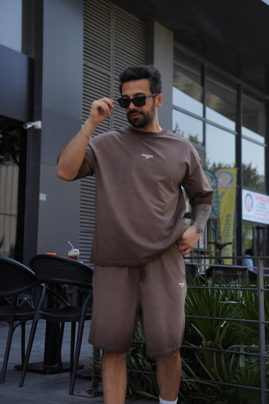 EŞOFMAN TAKIMIKrem Yıkamalı Retro Alt Üst Şort Takım VMS 40489