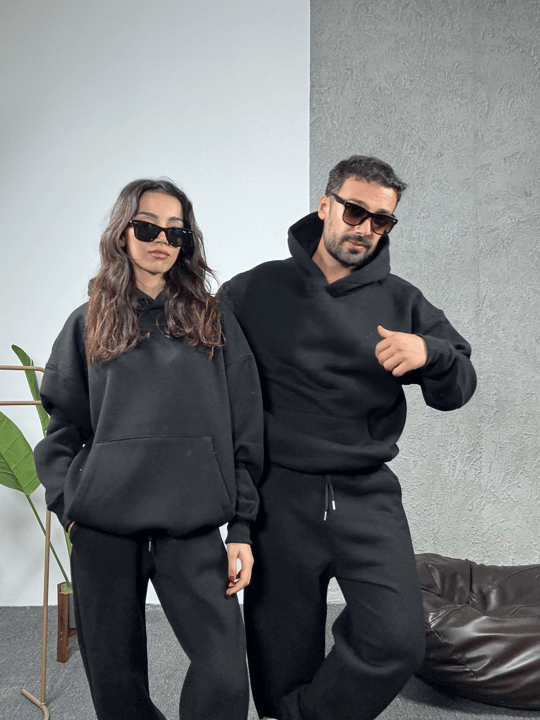 EŞOFMAN TAKIMISiyah 3 İplik Hoodie Alt Üst Takım SC