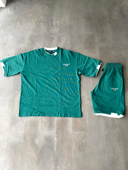 Eşofman TakımıZümrüt yeşil Garnili Ribanalı T-Shirt Şort Takım PNC 8061