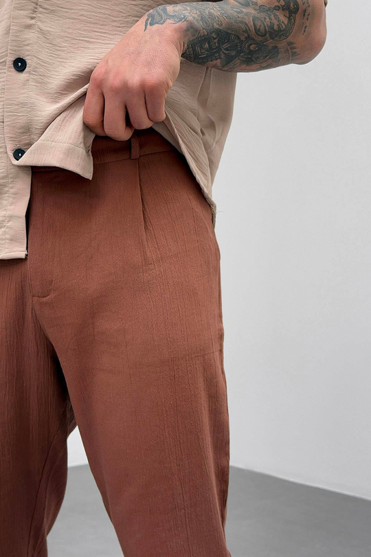 EşofmanKahve Müslin Krinkıl  Double Paça Baggy Pantolon PNC 4044