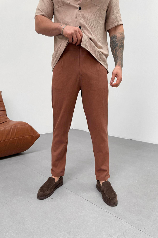 EşofmanKahve Müslin Krinkıl  Double Paça Baggy Pantolon PNC 4044