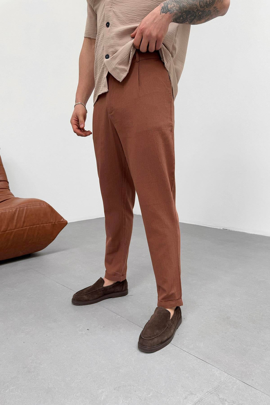 EşofmanKahve Müslin Krinkıl  Double Paça Baggy Pantolon PNC 4044
