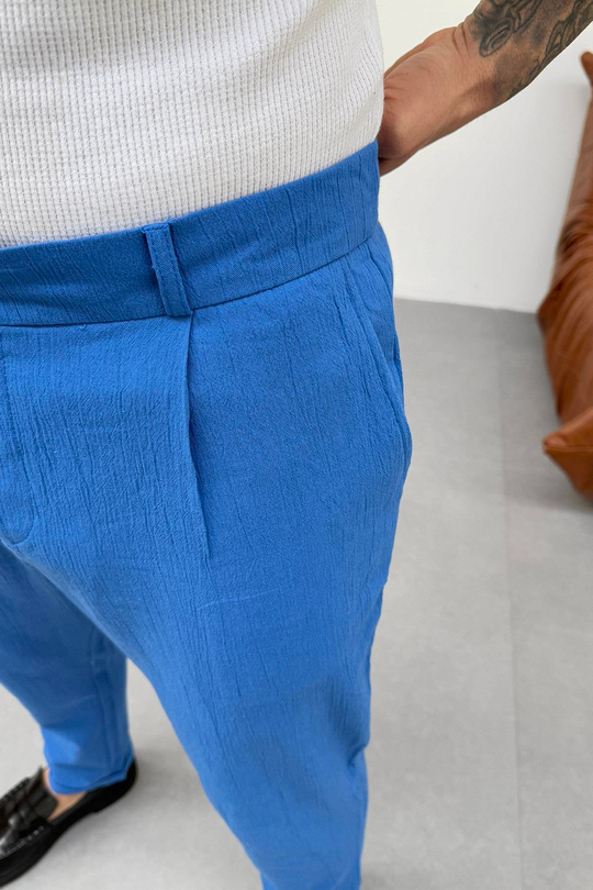 EşofmanSaksmavi Müslin Krinkıl Double Paça Baggy Pantolon PNC 4044