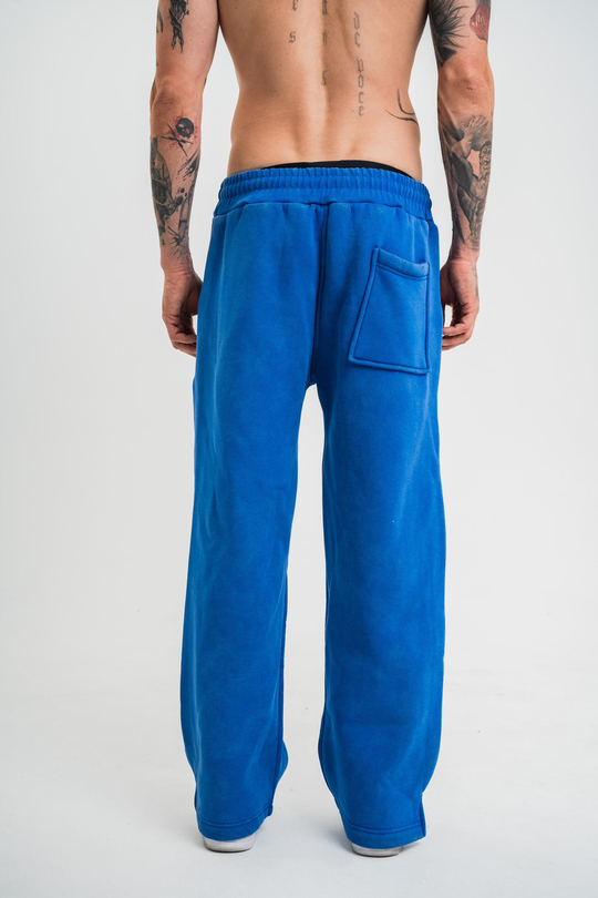 EşofmanSaksmavi Yıkamalı Düz Baggy Eşofman PLZ