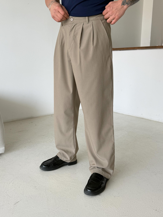 GabardinBej Zarif Çizgili Bol Zara Kumaş Pantalon BRR 40216