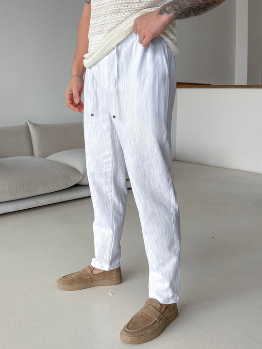 GabardinBeyaz Çizgi Keten Bağcıklı Pantalon LNS 23124