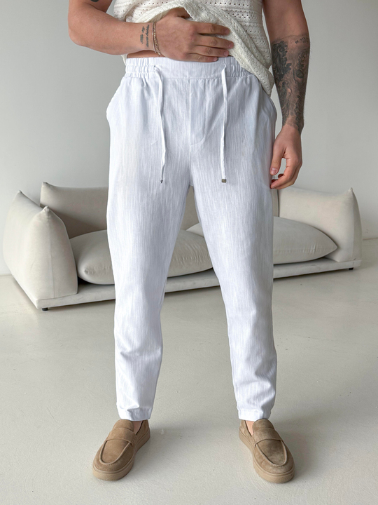 GabardinBeyaz Çizgi Keten Bağcıklı Pantalon LNS 23124