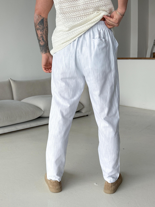 GabardinBeyaz Çizgi Keten Bağcıklı Pantalon LNS 23124