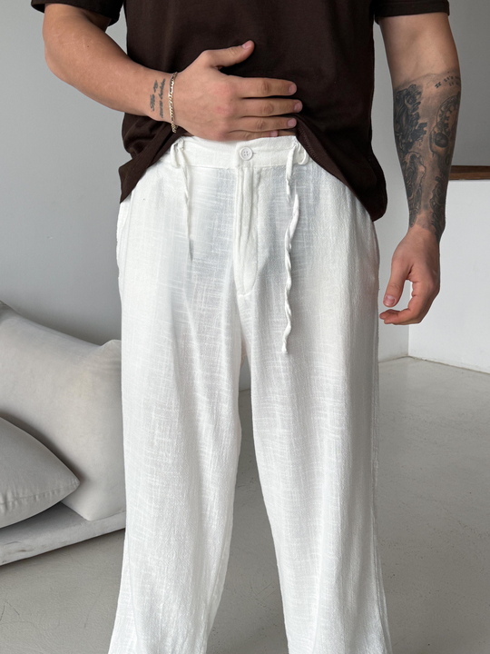 GabardinEkru Keten Baggy Yarı Lastikli Pantalon PNC 4060
