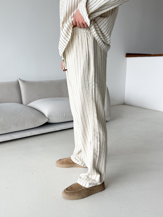 GabardinEkru Keten Siyah Çizgili Bol Pantalon 23105 LNS