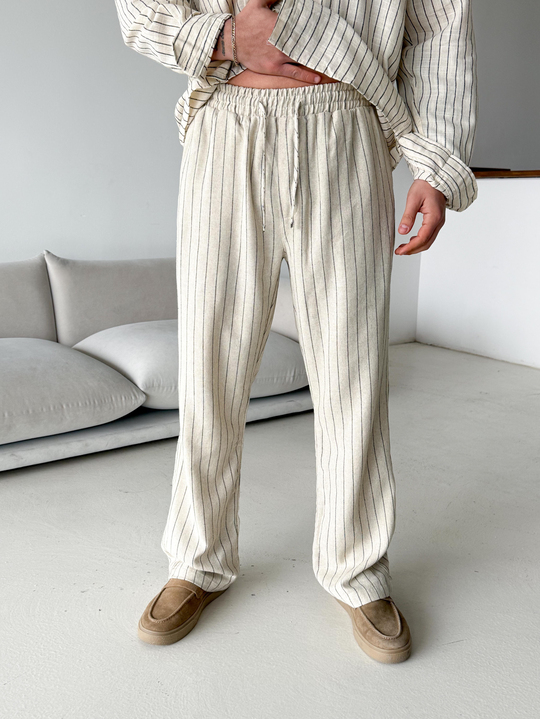 GabardinEkru Keten Siyah Çizgili Bol Pantalon 23105 LNS