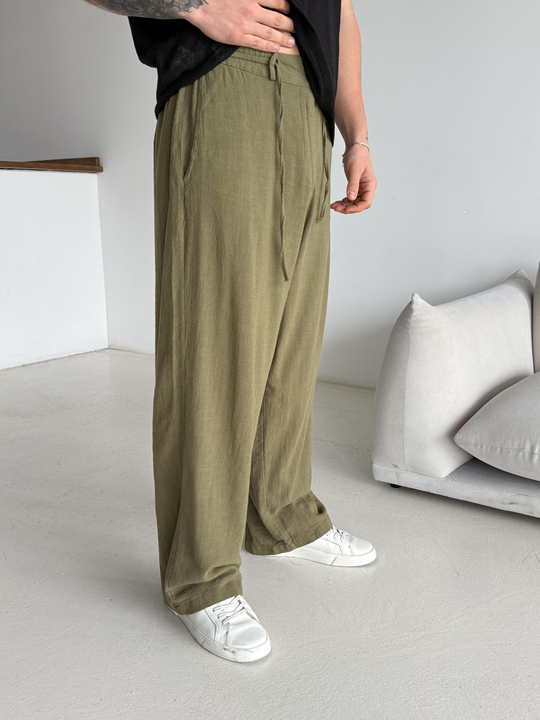 GabardinHaki Keten Baggy Yarı Lastikli Pantalon PNC 4060