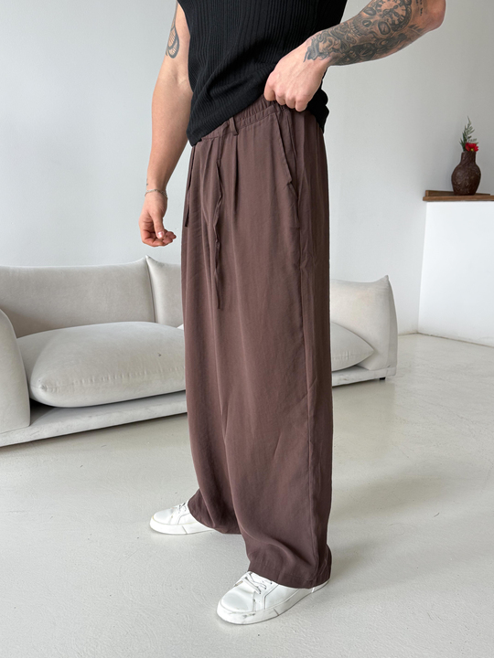 GabardinKahve Modal Yarım Lastikli Baggy Pantalon 4066