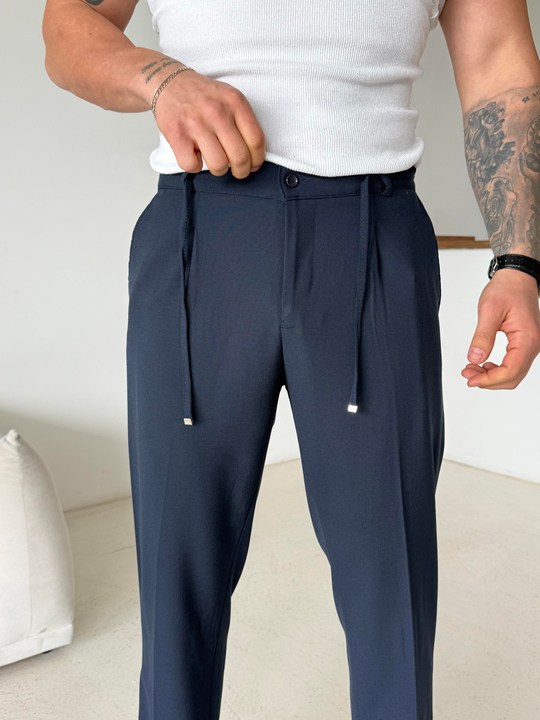 GabardinLacivert Pileli Lastikli Bağcıklı Regular Kumaş Pantalon SC