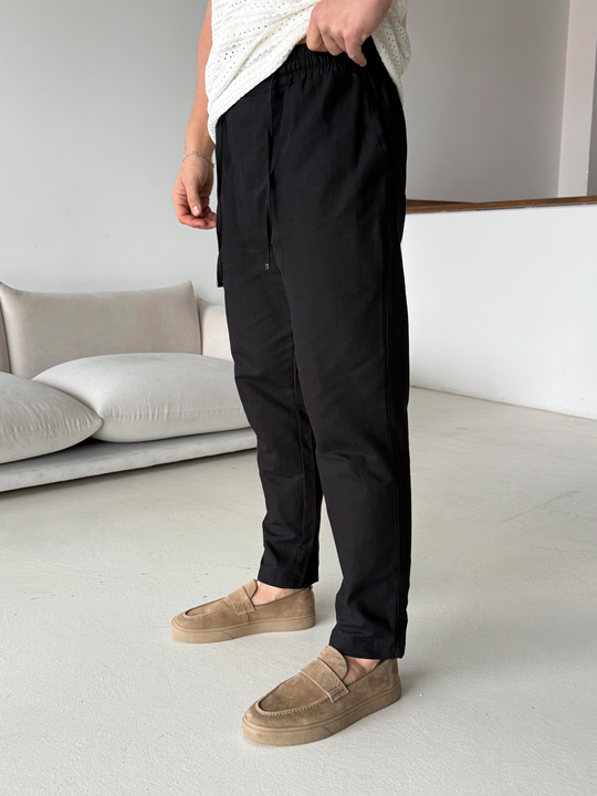GabardinSiyah Çizgi Keten Bağcıklı Pantalon LNS 23124