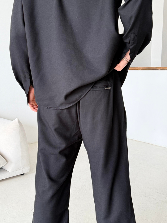 GabardinSiyah Dokuma Keten Baggy Pantalon PLZ