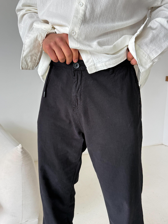GabardinSiyah Düğmeli Ham Keten Pantalon TK