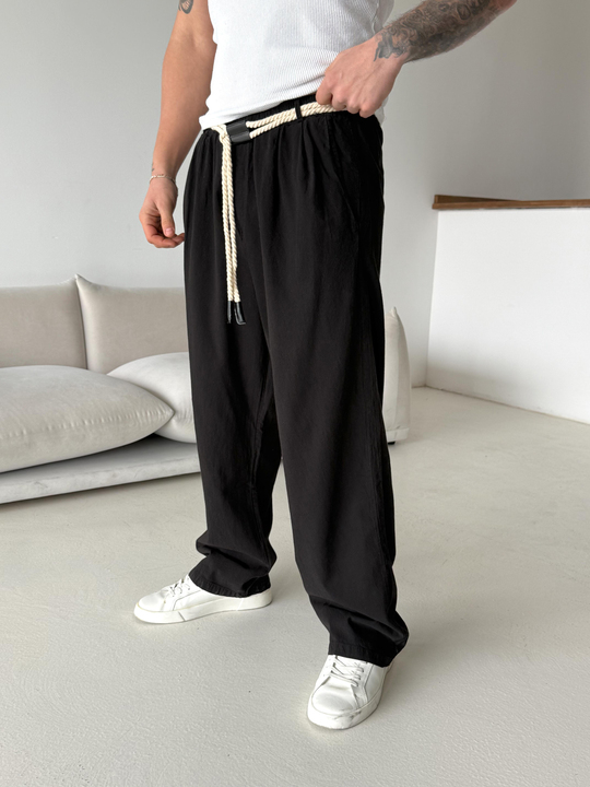 GabardinSiyah Hasır Kemer Bol Keten Pantalon VMS V40-640