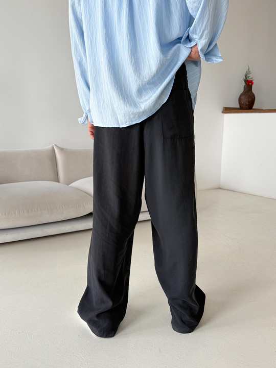 GabardinSiyah Modal Yarım Lastikli Baggy Pantalon 4066