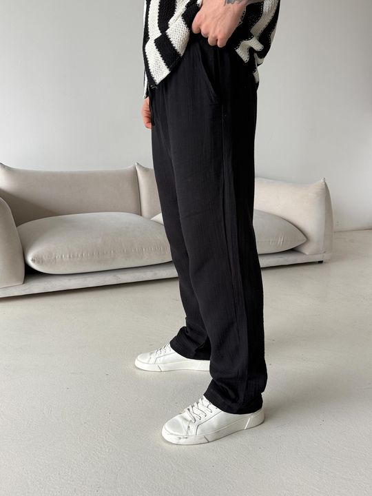 GabardinSiyah Müslin Keten Pantalon LNS 23117