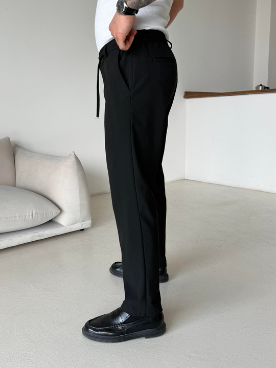 GabardinSiyah Pileli Lastikli Bağcıklı Regular Kumaş Pantalon SC