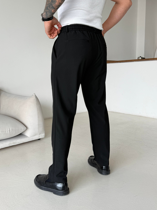 GabardinSiyah Pileli Lastikli Bağcıklı Regular Kumaş Pantalon SC