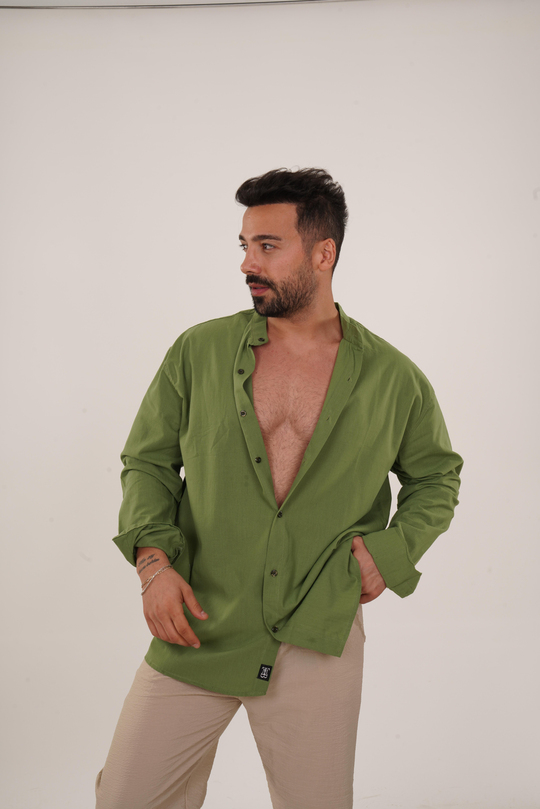 GÖMLEKAçık Yeşil Hakim Yaka Keten Gömlek TB
