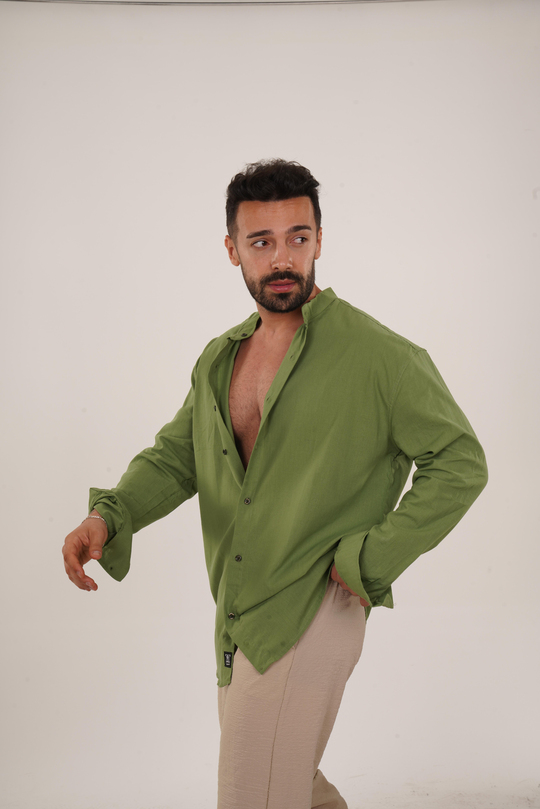 GÖMLEKAçık Yeşil Hakim Yaka Keten Gömlek TB