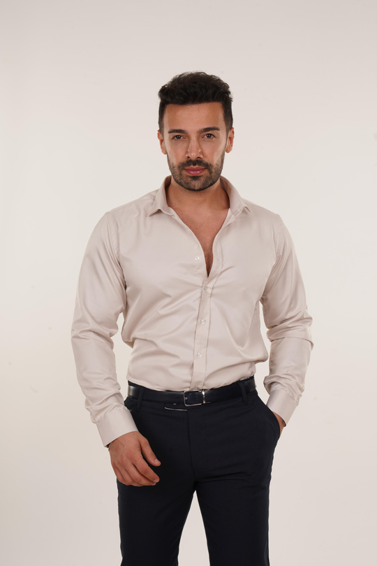 GÖMLEKBej Slim Fit Klasik Düz Gömlek 