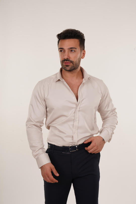 GÖMLEKBej Slim Fit Klasik Düz Gömlek 