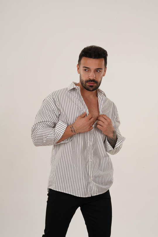 GÖMLEKBeyaz Gri Dik Çizgili Casual Gömlek SNZ 3895