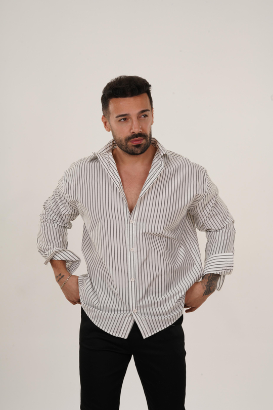 GÖMLEKBeyaz Gri Dik Çizgili Casual Gömlek SNZ 3895