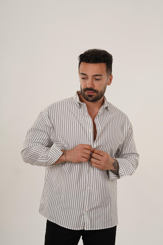 GÖMLEKBeyaz Gri Dik Çizgili Casual Gömlek SNZ 3895