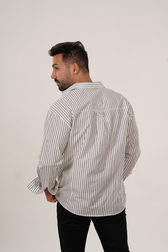 GÖMLEKBeyaz Gri Dik Çizgili Casual Gömlek SNZ 3895