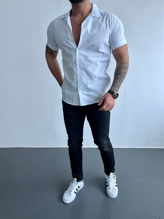 GÖMLEKBeyaz Kısakollu Keten Slim Fit Gömlek MSS