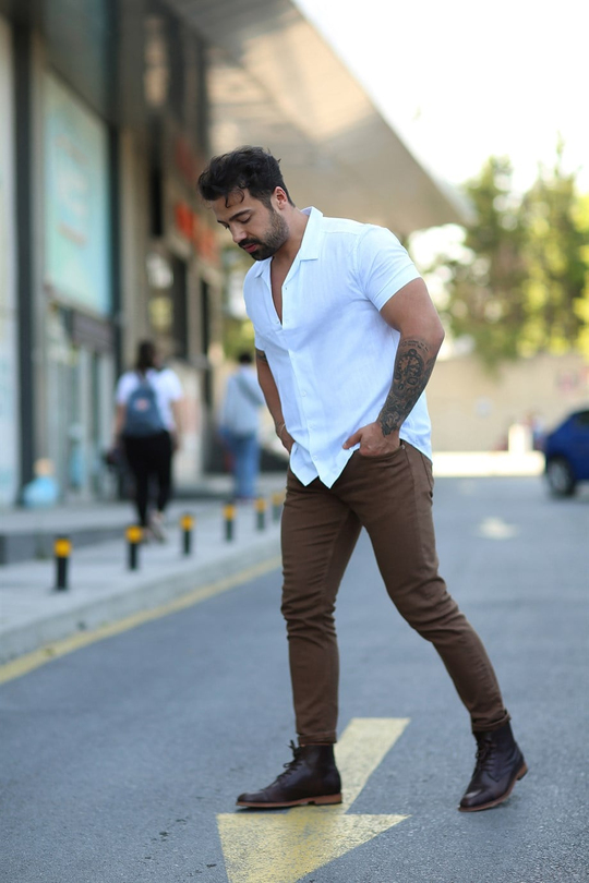 GÖMLEKBeyaz Kısakollu Keten Slim Fit Gömlek MSS