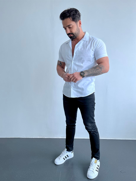 GÖMLEKBeyaz Kısakollu Keten Slim Fit Gömlek MSS