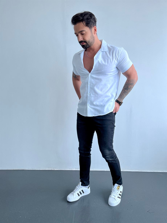 GÖMLEKBeyaz Kısakollu Keten Slim Fit Gömlek MSS