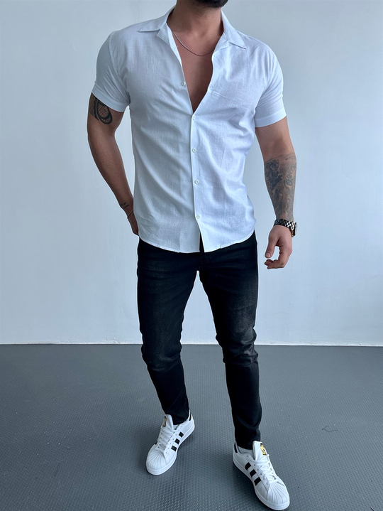 GÖMLEKBeyaz Kısakollu Keten Slim Fit Gömlek MSS