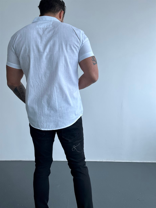 GÖMLEKBeyaz Kısakollu Keten Slim Fit Gömlek MSS