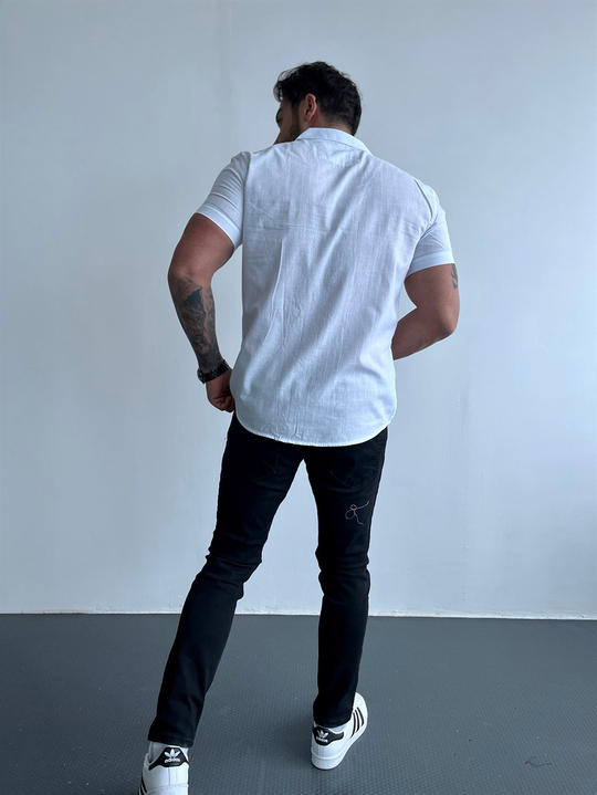 GÖMLEKBeyaz Kısakollu Keten Slim Fit Gömlek MSS