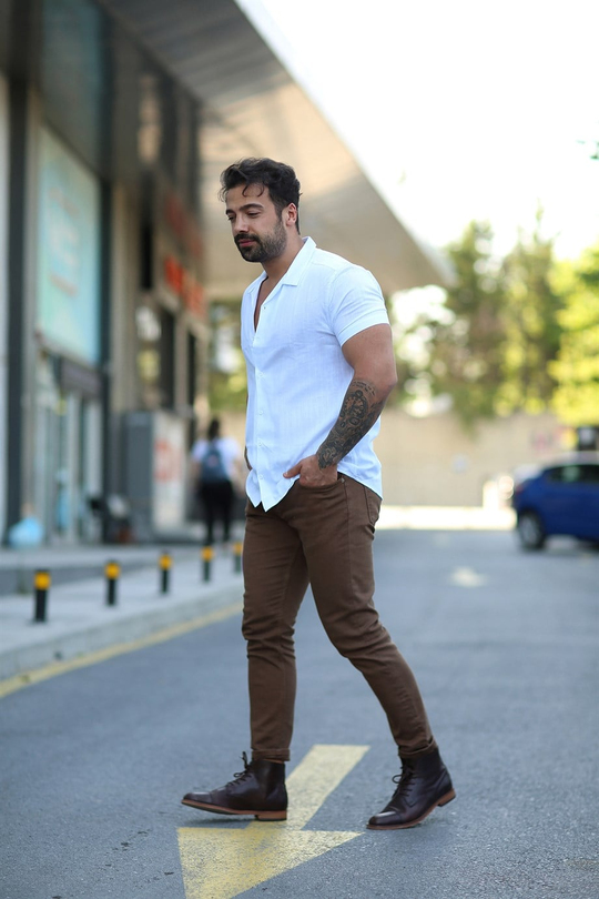 GÖMLEKBeyaz Kısakollu Keten Slim Fit Gömlek MSS