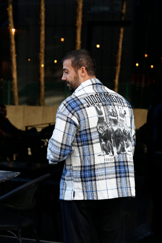 GÖMLEKBeyaz Mavi JUDGEMENT Baskılı Oversize Kesim Oduncu Gömlek PLZ-10