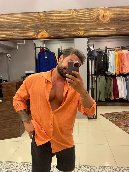 GÖMLEKErkek %100 Keten Turuncu Oversize Gömlek