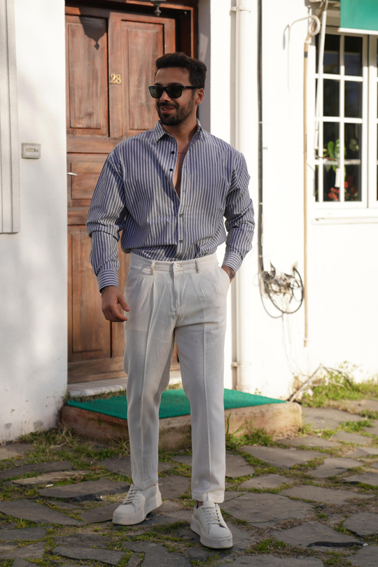 GÖMLEKFüme Beyaz Dik Çizgili Casual Gömlek SNZ 3895